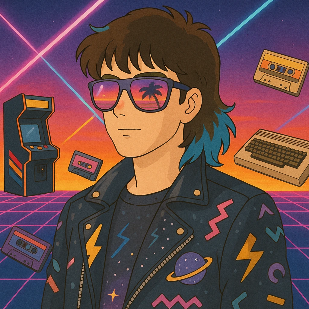 80s retro-futurism male portrait with mullet haircut with neon blue tips, airbrushed sunglasses with pink-purple gradient and palm/sunset reflection, leather jacket with lightning, cosmic, and Memphis Design patterns, neon gradient background with perspective grid, laser beams, cassettes, arcade games, Commodore 64, MTV-era palette emoji