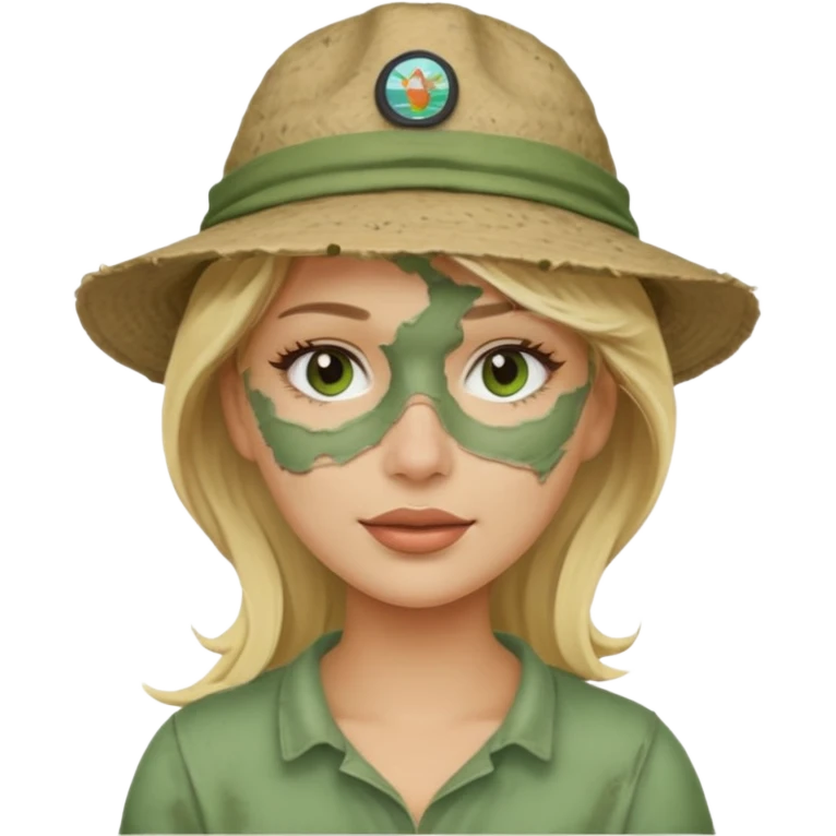 messy green full face clay mask and tourist hat blond woman  emoji