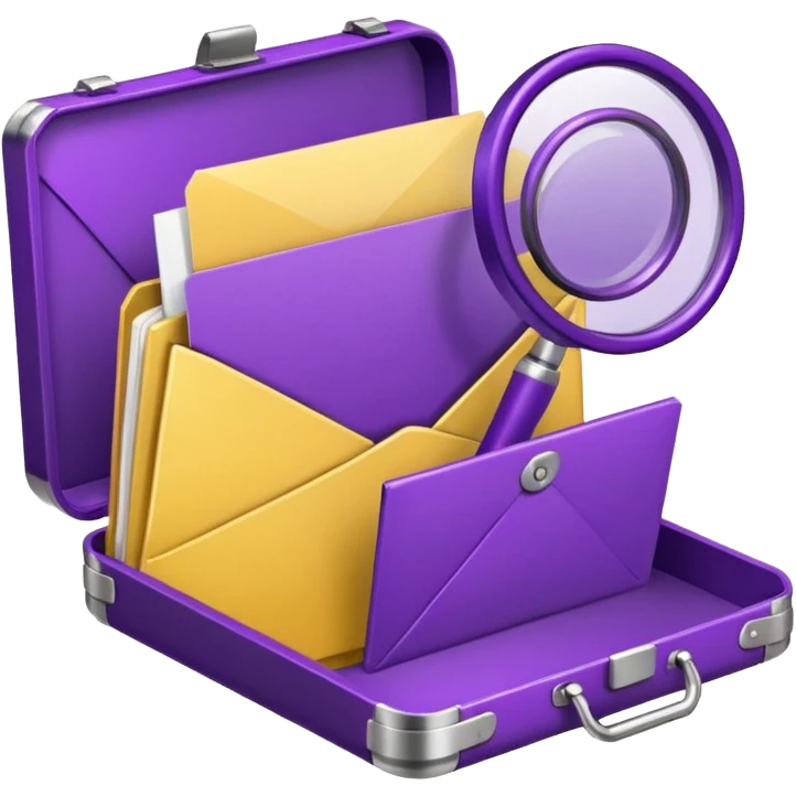 yellow (hex#FFD008) and purple (hex#8C52FF) emojis of a pin, a working case, a folder, a magnifier, an email, an envelope emoji