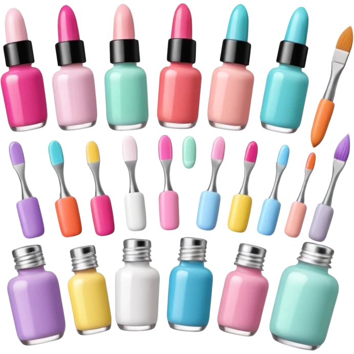 Minimalist nail art sticker pack featuring a cute female nail artist, nail tools like brushes and files, colorful nail polish bottles, small decorated nails, simple and clean design, pastel colors, kawaii style, delicate and charming, high-resolution, perfect for nail stickers emoji