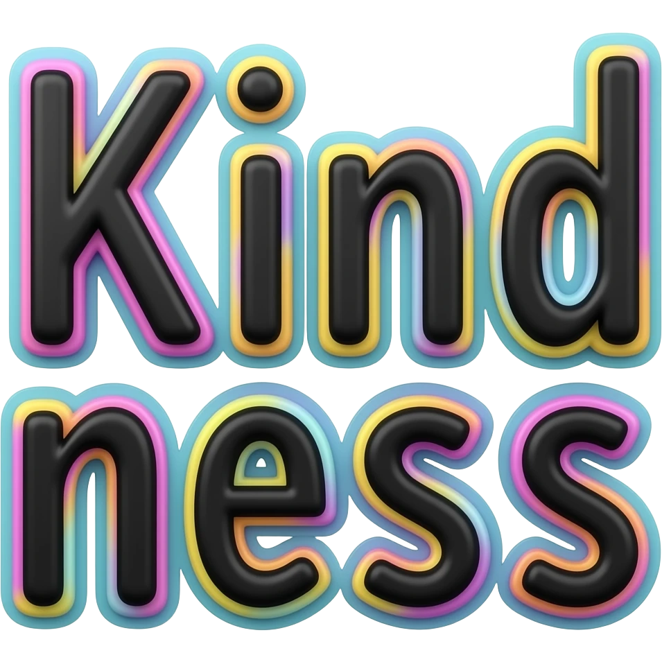 Word "Kindness" in black, 3D style typography lettering, with each neon pastel color as a layered effect outlined around each letter, isolated, 3d rendering, no emoji icons no emoji faces and must have no human figures emoji