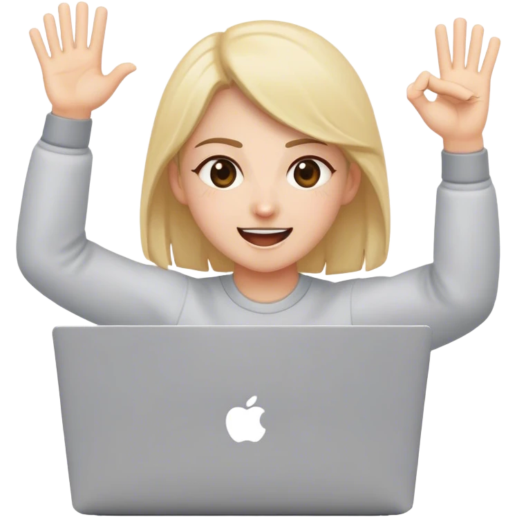 UI designer in front of laptop cheering emoji