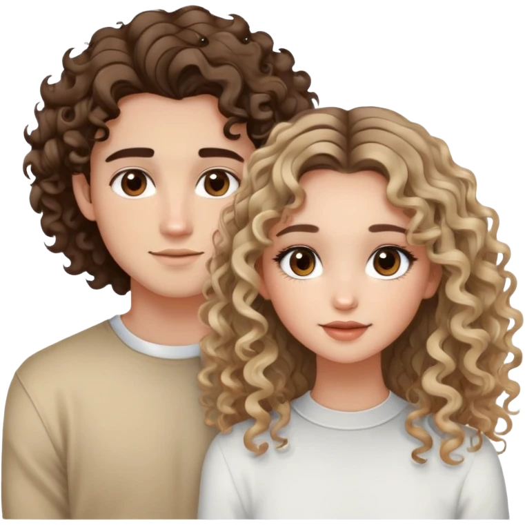 cute girl with curly/wavy balayage brunette hair, brown eyes, clean girl makeup, hoop earrings hanging out with her cute straight hair blondish boyfriend  emoji