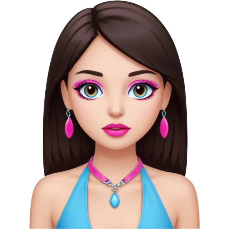 generate a pretty fair bratz girl with dark brown eyes, dark brown hair straight long. Wearing a hot pink halter neck top.  pink lipgloss. light blue eyeshadow emoji