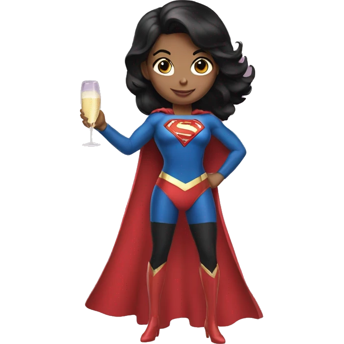 girl in a superwoman costume with black hair holding a champagne bottle emoji