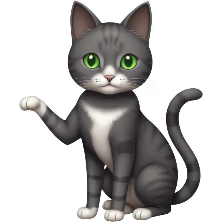 full body gorgeous solid dark grey cat with green eyes, white paws and white whiskers playing emoji