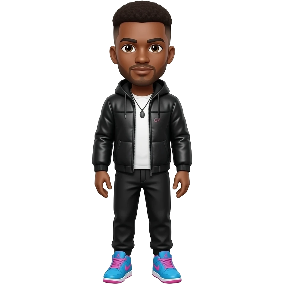 Make blue teal and pink Jordan 4’s on a brown guy with a dark brown fluffy and thick low taper fade with the same do the same colors for Nike tech with black pants and I can see The Whole body emoji