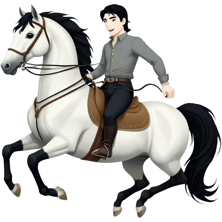 A hand-drawn, black-and-white digital illustration in a playful, cartoonish style. A man with solid black hair and solid black pants is riding a horse, holding the reins with confidence. He has a joyful and adventurous expression as the horse moves forward with energy. The horse has a flowing solid black mane and tail, with strong, bold lines emphasizing its movement. Its legs are slightly bent, giving a sense of action. The background is minimal, keeping the focus on the rider and the horse emoji