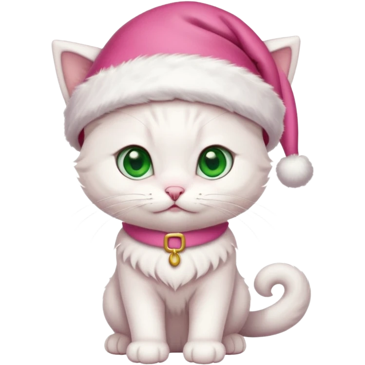 Cute White kitten with green eyes wearing pink Santa hat and pink Santa clothes emoji