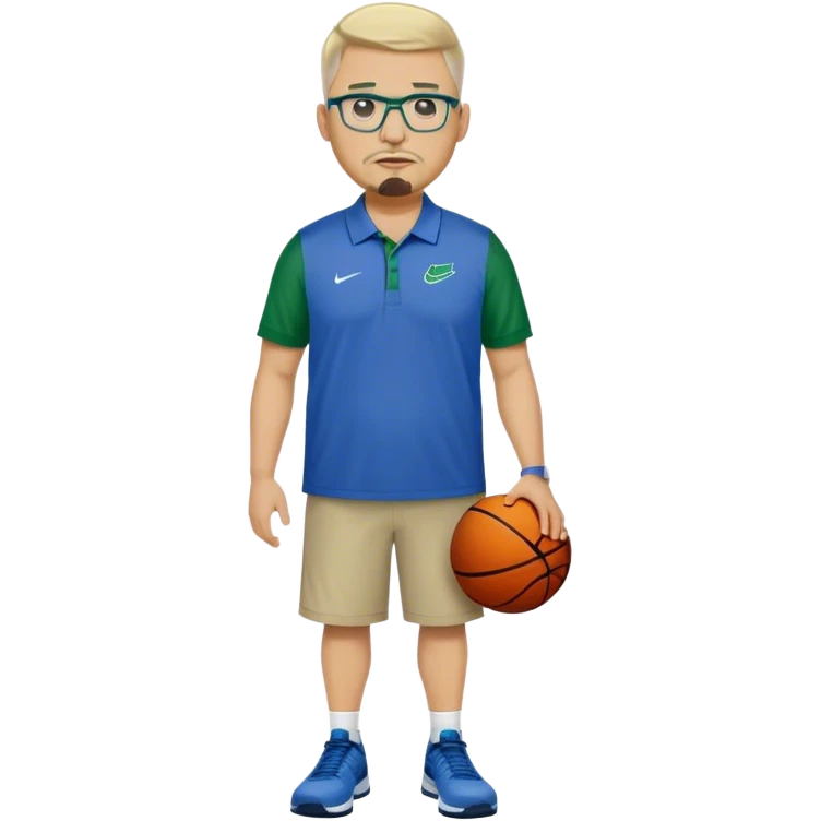 Full Body white male plus size wearing glasses with a goatee with light blonde and gray very short hair mad basketball head Coach in blue and green wearing Nike polo emoji