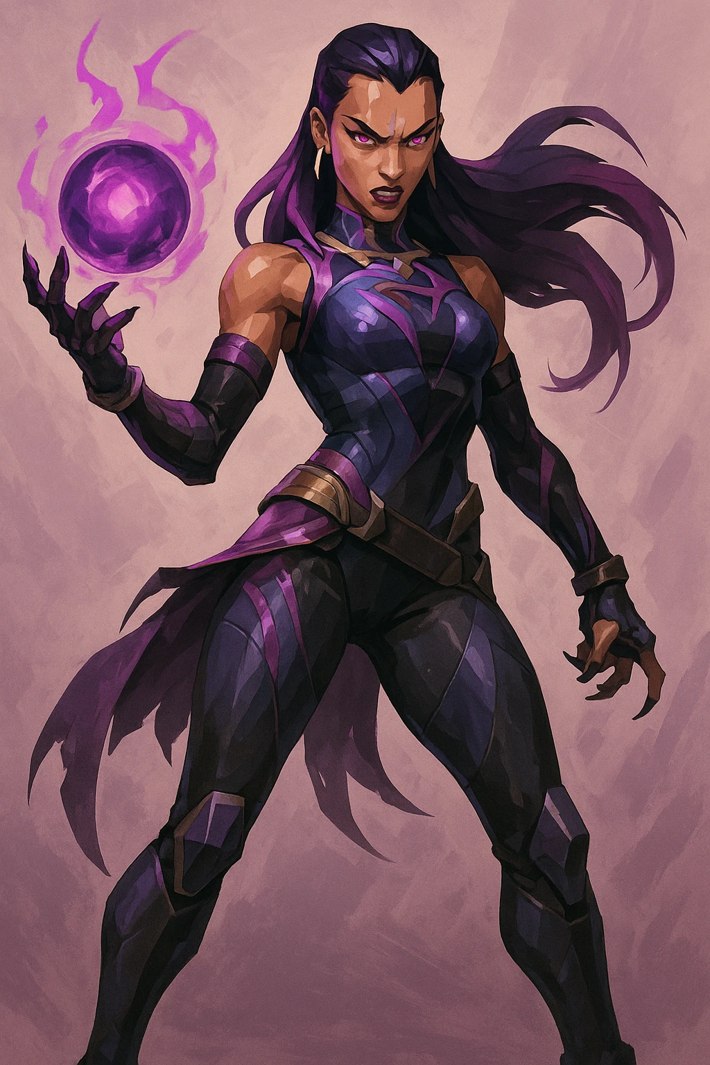 Valorant agent Reyna full body holding an orb, wearing purple and black outfit, fierce stance, energetic, digital illustration style emoji