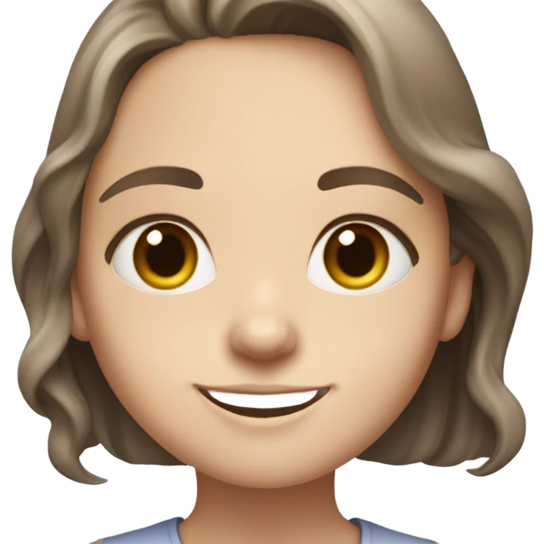 A white-skinned girl with slightly wavy brown hair just below her shoulders, gray eyes and a milky top smiles peacefully emoji