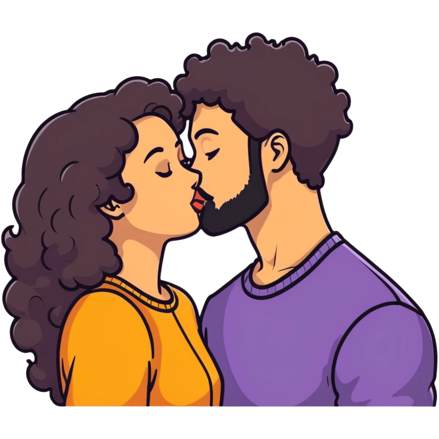 Curly haired girl kissing straight hair man with beard, romantic couple emoji
