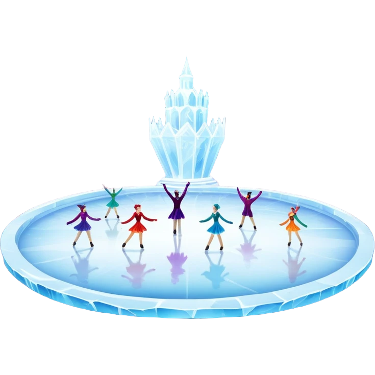 An icon of a theatrical ice show with costumed figure skaters performing a dramatic scene on a glowing ice stage. Spotlights, colorful scenery, and a cheering audience in a grand arena convey the magic and artistry of the ice performance. Transparent background included. emoji