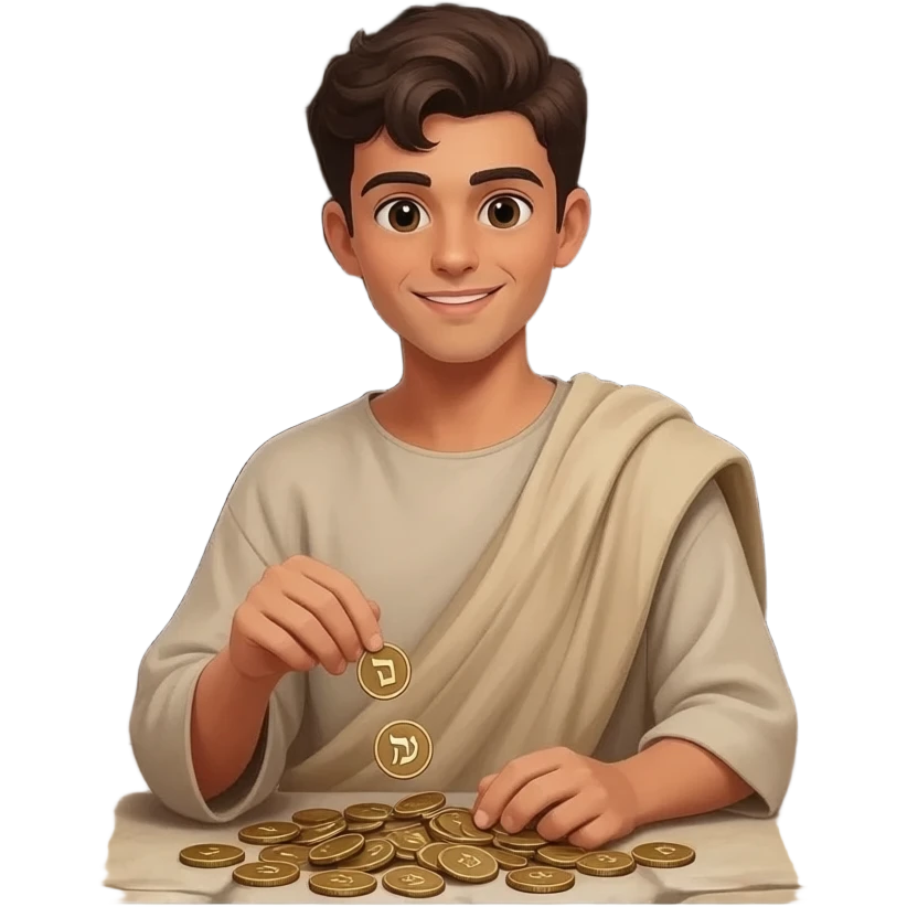  парень раскидвает раостно денгами, монетами  времена древнего иерумалима  emoji