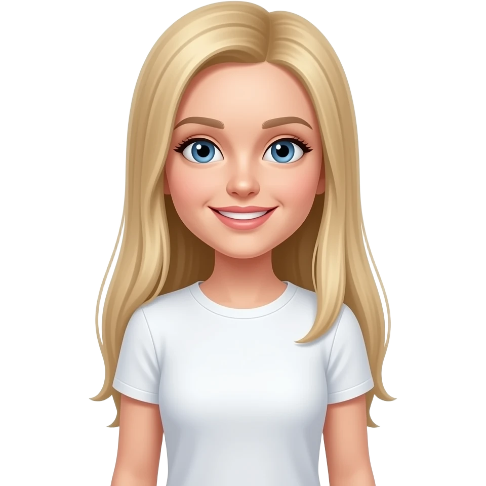 ragazza russa bionda occhi azzurri capelli lisci lunghi, felice a gambe larghe  maglietta bianca emoji