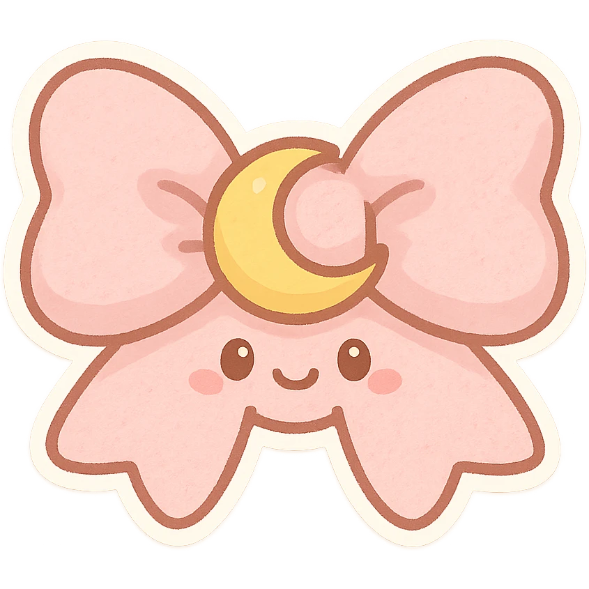 chibi style bow, pastel pink, soft fabric, cute and fluffy, kawaii style, moon motif emoji