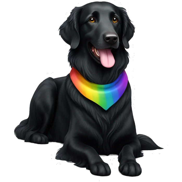 slim black flat-coated retriever with rainbow collar sitting looking ahead emoji