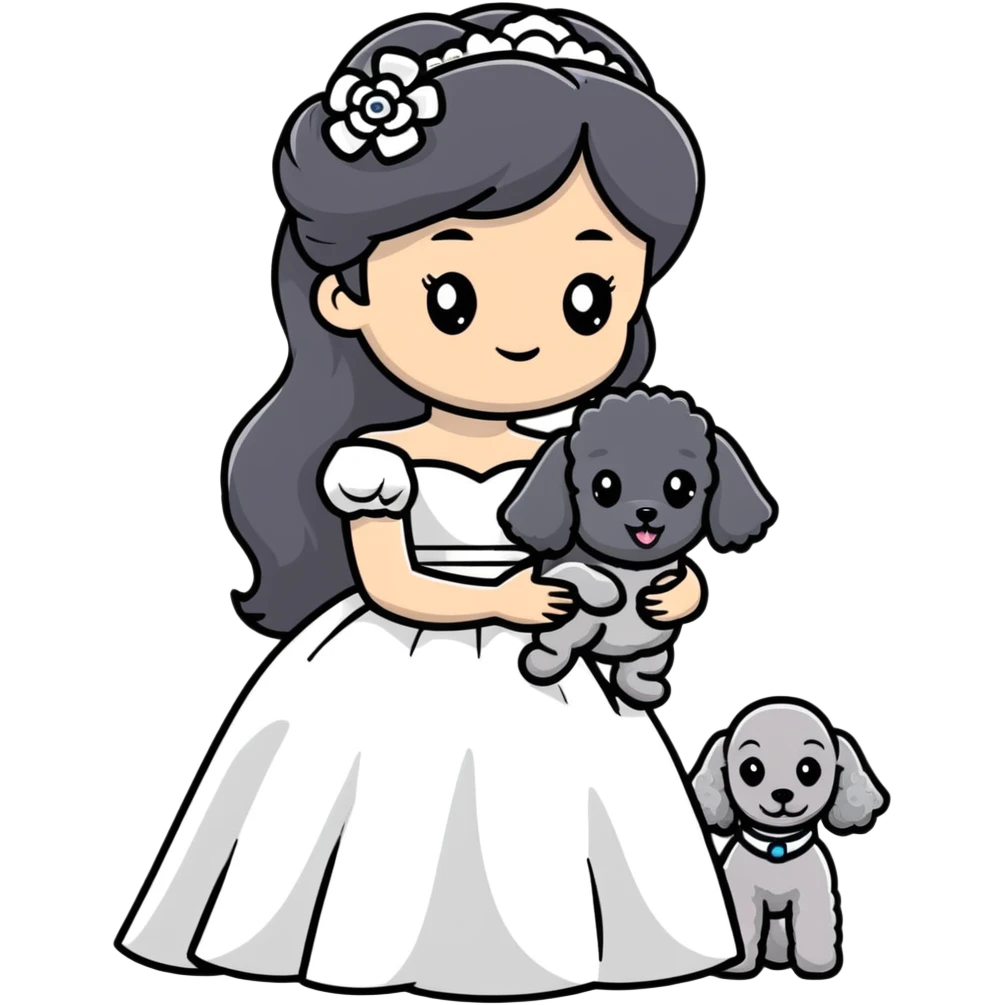 A beautiful girl with long black hair in a wedding dress holds a small gray poodle emoji