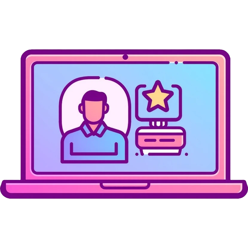 laptop computer with video chat interface on screen, pink and light blue colors, with neon glow lines, blue neon light on top left, purple neon light on bottom right emoji