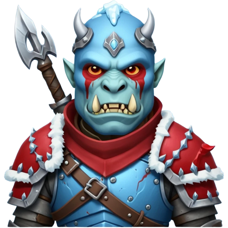 Fantasy Christmas orc legion soldier icon, iron tundra army theme, heavy winter armor, disciplined brutal look, cold steel armor cracked with frozen crimson lines, bloodfrost effect, icy blue and dark red color palette, minimal clean emoji style emoji