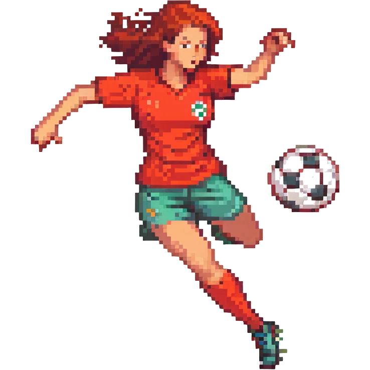 woman playing soccer, wearing a red shirt, energetic pose, clear soccer ball, dynamic action emoji