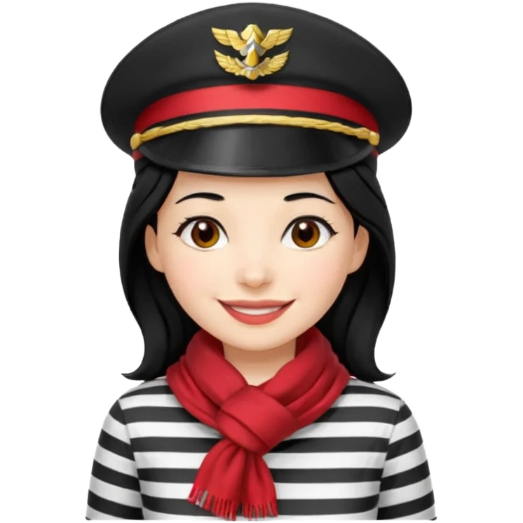 marinera de pelo negro piel blanca con camisa a rayas blanco y negro y pañuelo rojo y gorra de capitana y sonrisa de china emoji