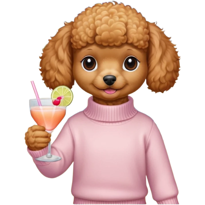 Toy poodle, ginger/brown wearing a cream pink jumper, with a cocktail by the beach ￼ emoji