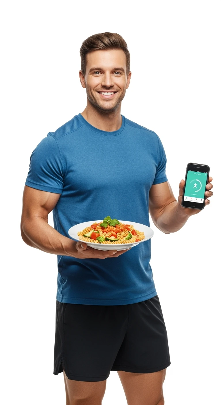 uomo fitness con piatto di pasta in mano e smartphone, sfondo bianco emoji