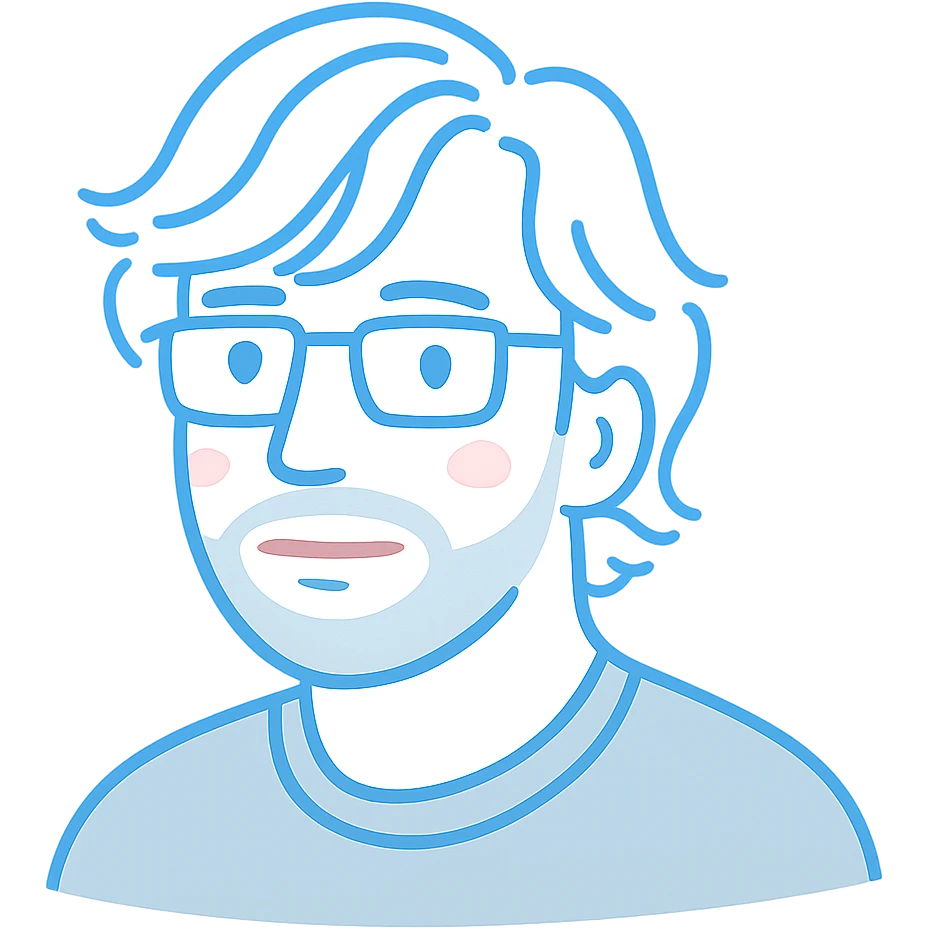 A thoughtful man with rectangular glasses, fashionably tousled longer hair with trendy side-swept bangs, a naturally round face, and a slightly wider nose. Use pale blue for the main line work, pink accent highlights throughout, and gray tones for the neat short beard and subtle shadows. emoji