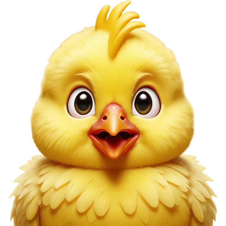 Cinematic Comical Yellow Baby Chicken Portrait Emoji, Head tilted dramatically with an exaggeratedly amused expression, featuring a striking, fluffy yellow downy coat with a tiny quirky red comb, wide, expressive beady eyes filled with playful disbelief, Simplified yet hilariously expressive features, highly detailed, glowing with a slightly sassy glow, high shine, dramatic yet playful, stylized with an air of cheeky mischief, bright and endearing, soft glowing outline, capturing the essence of a spirited and over-the-top chick, so meme-worthy it feels like it could peep its way into internet fame instantly! emoji