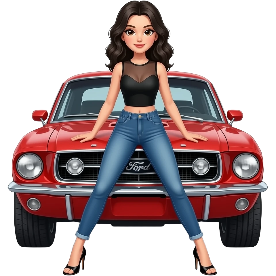 Pale girl with black wavy hair and brown eyes in front of a red ford mustang 1968 coupe. Girl wearing a sheer black sleeveless top, medium neckline, jeans and heels with visible toes. Legs wide spread and hands resting on the hood. emoji