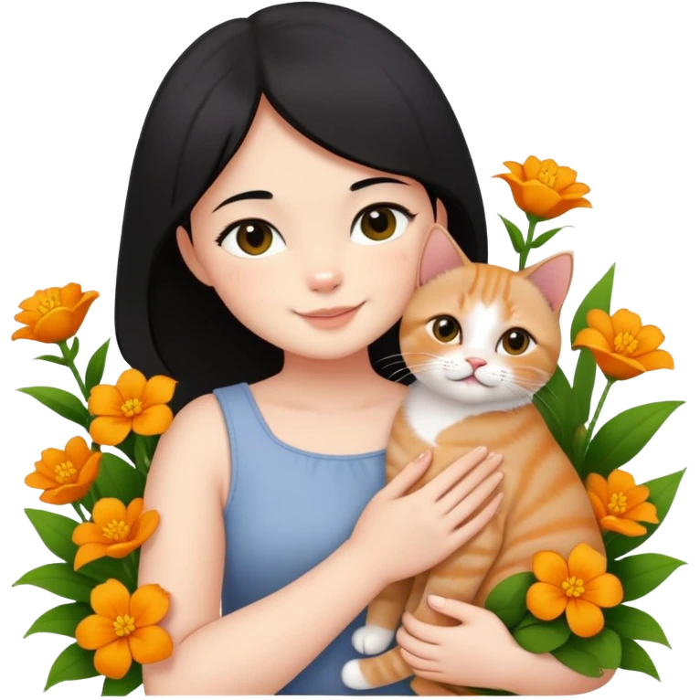 A black-haired girl happily holds a Ginger British Shorthair Cat in the flowers emoji