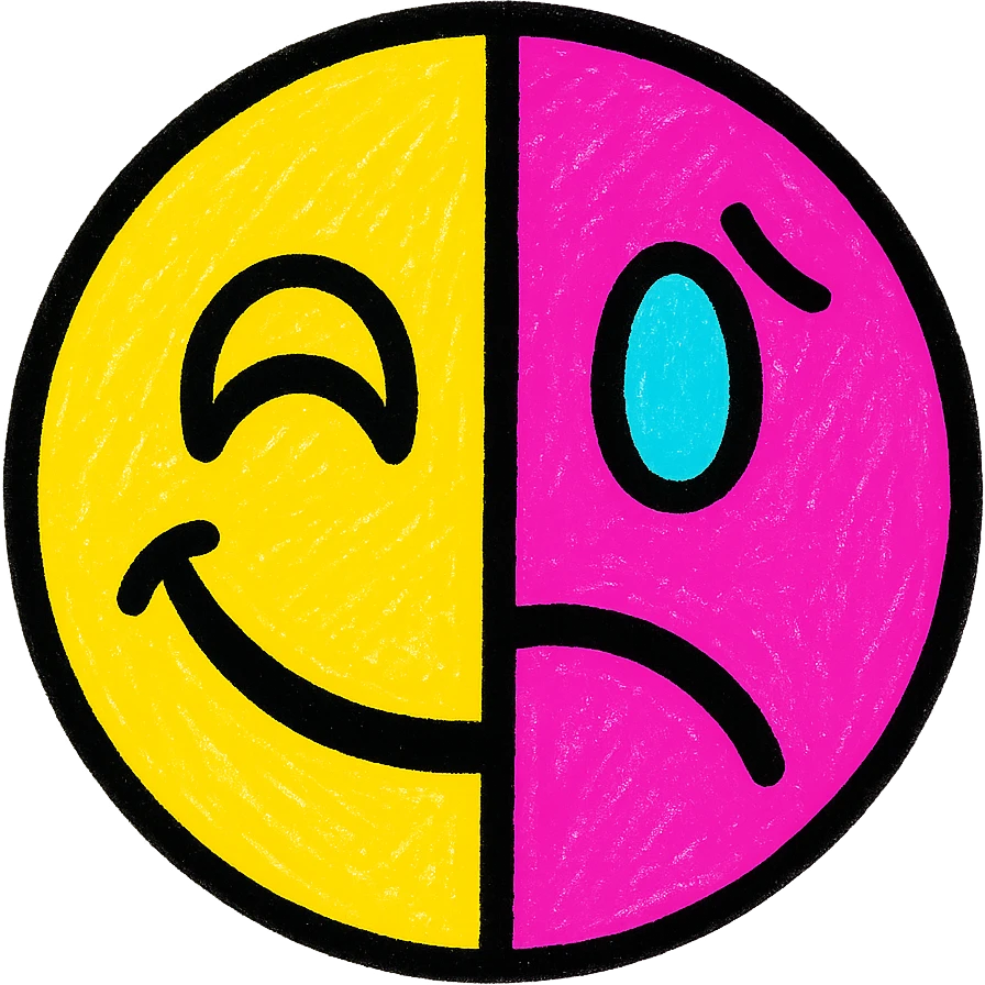 vibrant emoji with a split face, each half showing a different bright color and expression, bold colorful style emoji