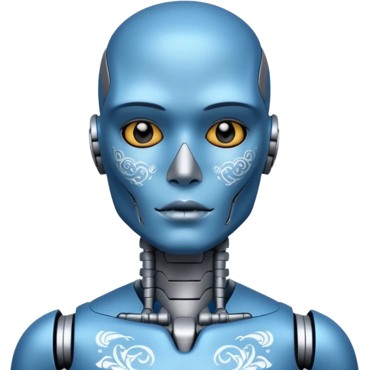 blue Tatooed robot, big many tatooes on chest, neck and face, white tatoo on face emoji