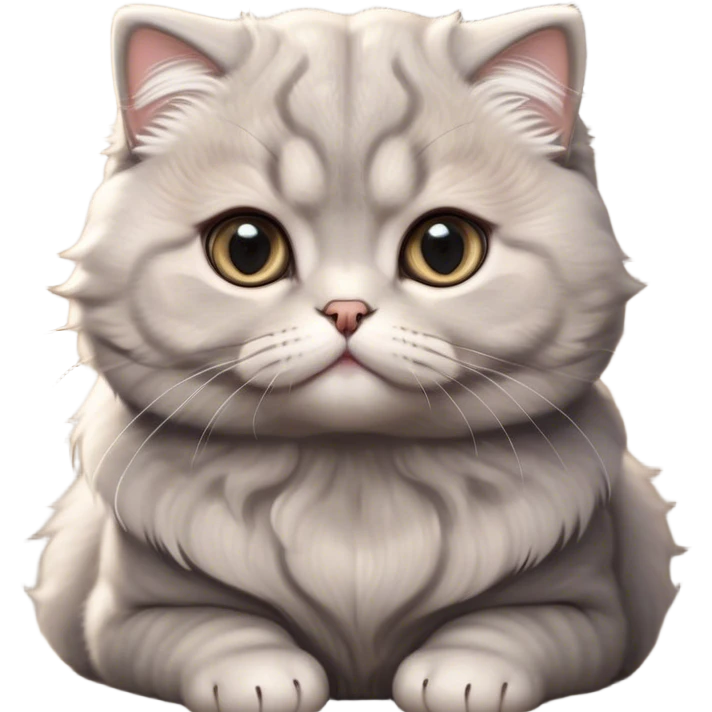 Cinematic Adorable Fluffy Grey Scottish Fold Cat Portrait Emoji, Head tilted cutely with big, sparkling eyes and adorable folded ears, soft grey fur with darker points on the ears, face, and paws, Simplified yet irresistibly adorable features, highly detailed, glowing with a soft, warm glow, high shine, affectionate and playful, stylized with a touch of whimsy, bright and endearing, soft glowing outline, capturing the essence of a curious and loving kitten with the signature charm of a Scottish Fold's unique folded ears, so cute it feels like it could leap out of the screen and snuggle up for a cuddle! emoji