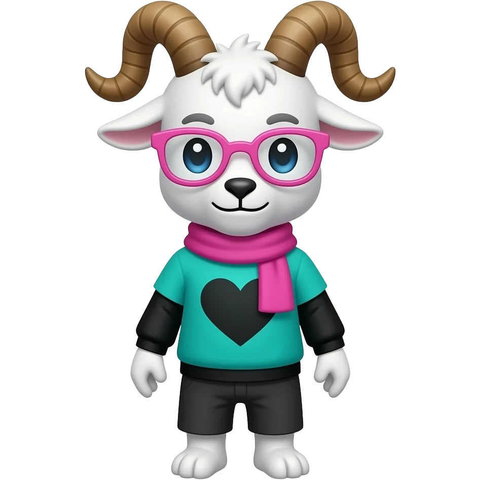 Raslei from the video game deltarune basically a white goat with no eyebrows standing on two legs wearing a turquoise green like sweater with a black heart in the middle and black sleeves wearing pink glasses and pink scarf emoji