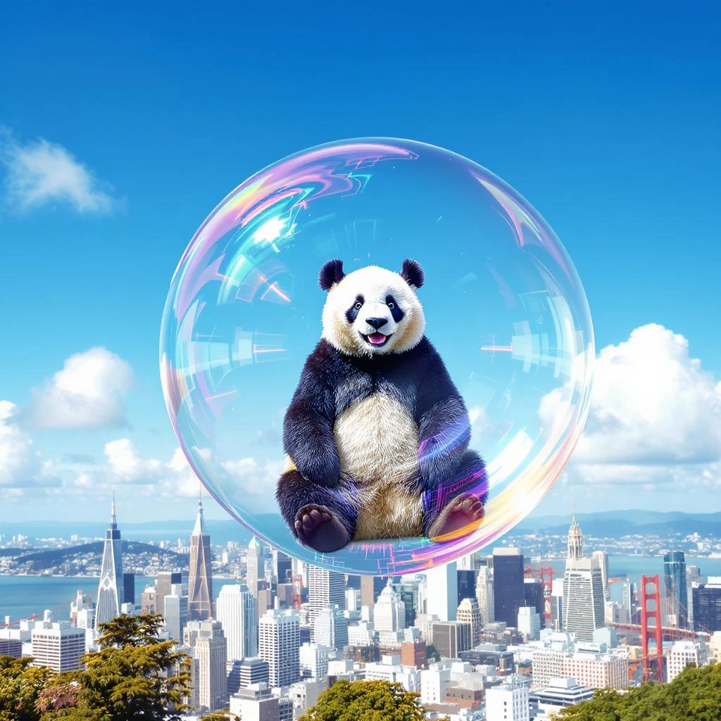 panda bear sitting in bubble flying around San Francisco downtown, sunny summer day, happy vibe emoji