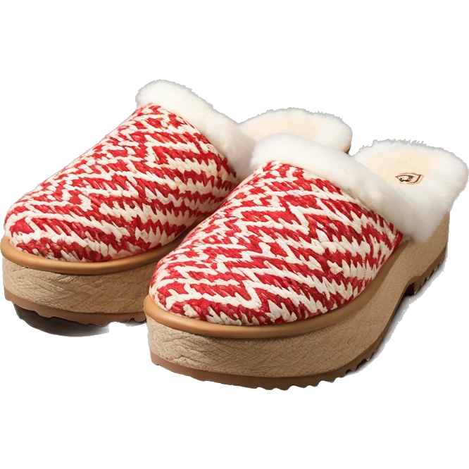 Camel color chunky platform slip-on mule UGG slippers. thin red and white woven zig-zag trim line detail on the opening emoji