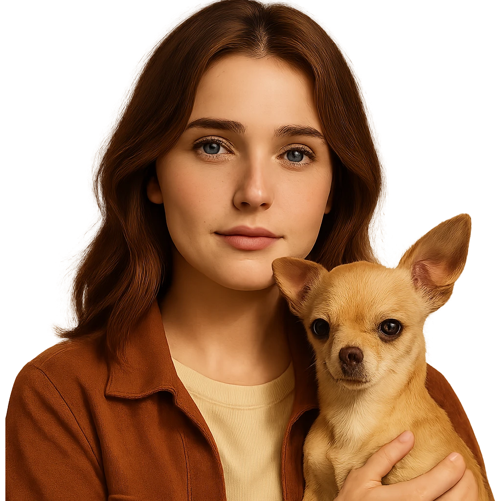 Portrait centered for Instagram profile picture, inspired by the facial features visible in the reference images, with tanned skin and subtle freckles, wearing a shirt color #FFF8CA and a rust-colored jacket, medium-length brown hair with auburn highlights, shy and endearing expression, holding a beige-brown chihuahua, Netflix series style, transparent background, intimate Tenerife ambiance. emoji