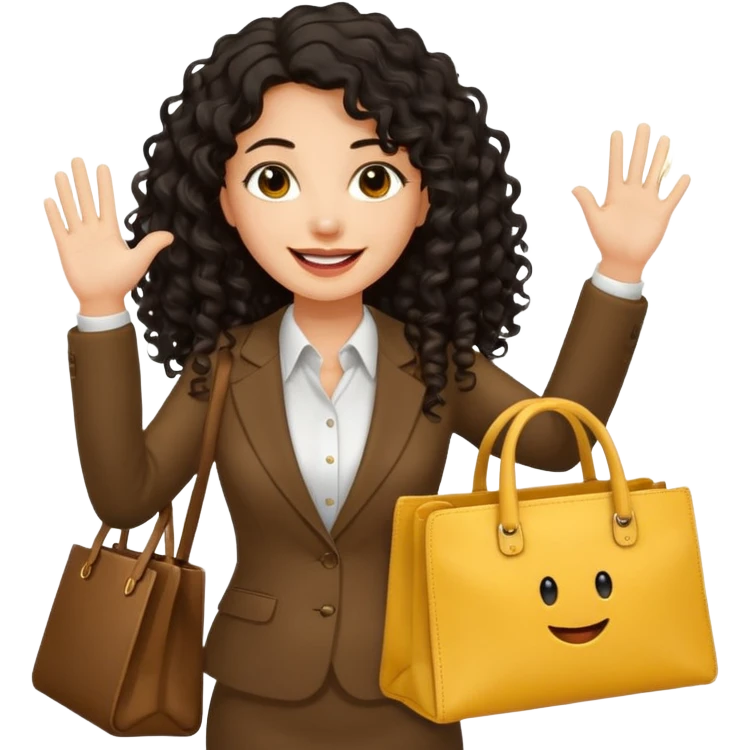 medium deep tan brown business woman with long black curly hair, waving hand with happy face with smile mouth and carrying bag on her shoulder and the other hand holding yellow tumblr emoji