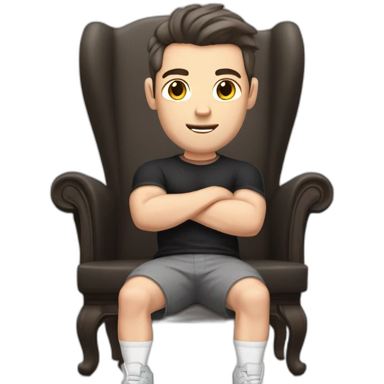 Pale skinned Fit Man With the biceps and dark brown hair in black shirt, gray sports shorts and white Sneakers Sitting on a chair emoji