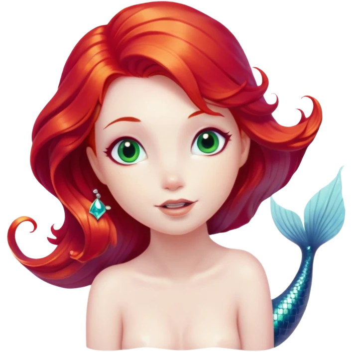 Cinematic Realistic Red Hair Mermaid Portrait, head tilted playfully and inquisitively, showcasing an ethereal form with finely detailed, flowing red hair against luminous porcelain skin. Her bright, curious eyes sparkle like hidden gems beneath the gentle caress of underwater light, rendered with lifelike clarity and warm, filtered illumination—capturing the essence of a spirited mermaid ready to splash playfully into your imagination. emoji