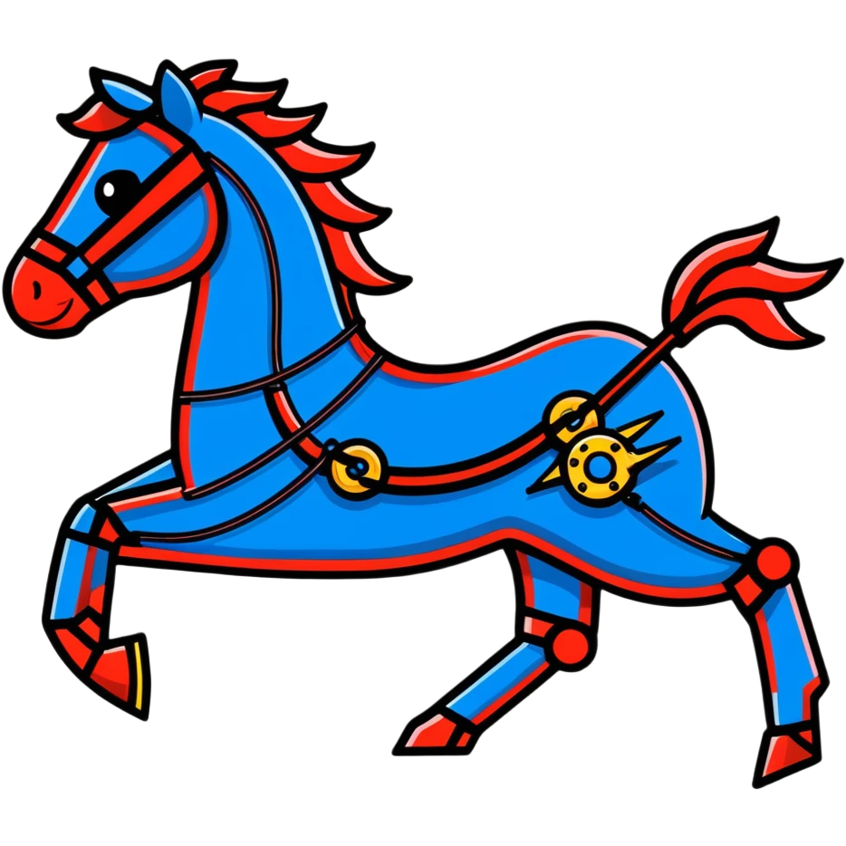 Fast running electric horse made of electricity, metal plates, bolts, visible blue and red wires, with lightning surrounding it emoji