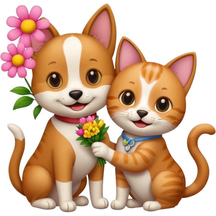 Dog and cat holding flowers emoji
