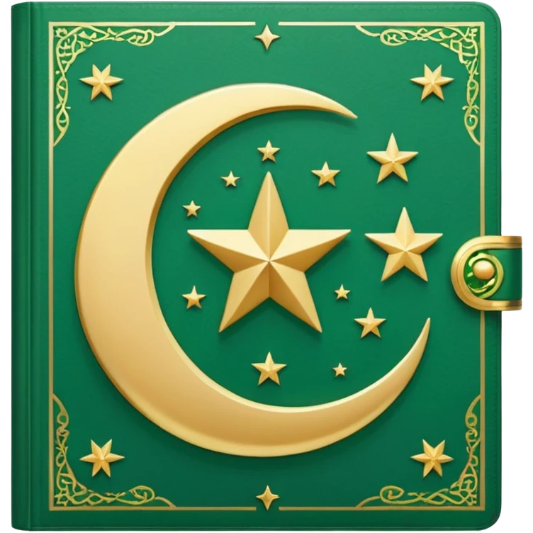 Closed Quran with the Islamic Symbol on it (moon and star) green from left to right emoji