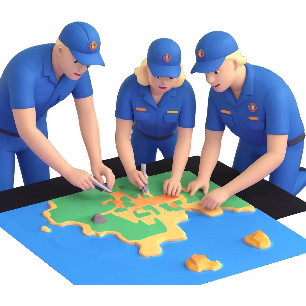 Team of marine geologists examining 3D maps of underwater terrain created from sonar data emoji