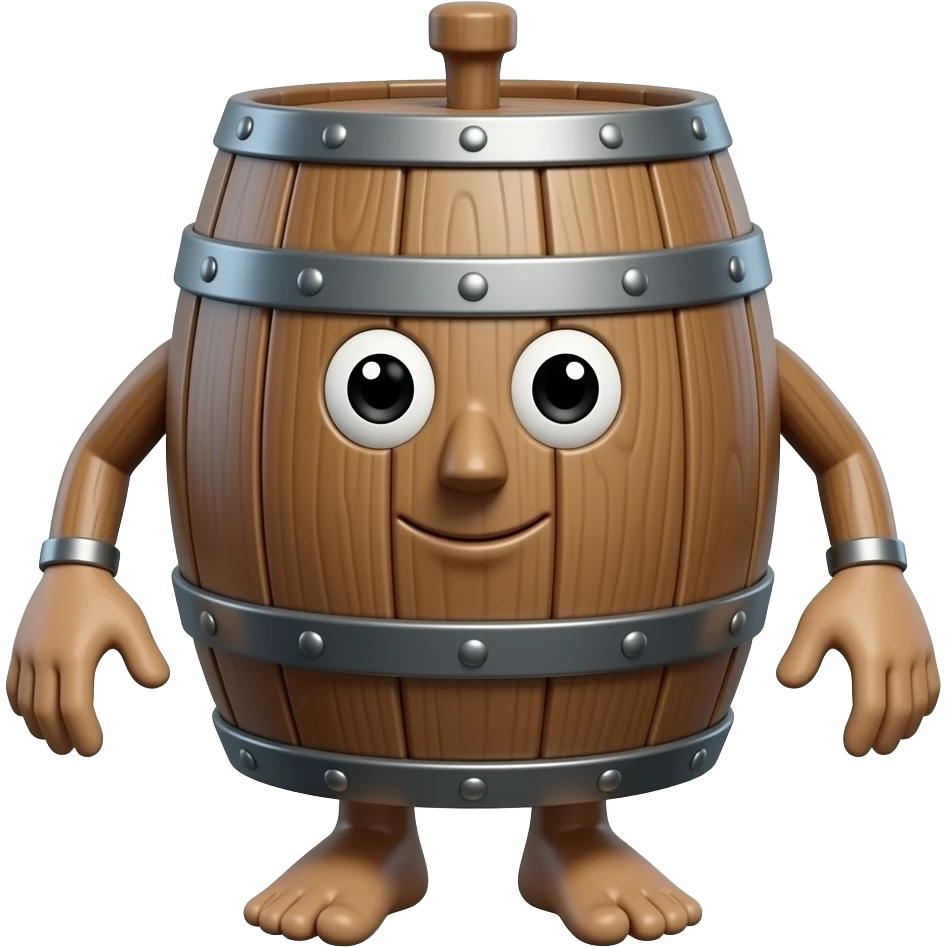 A barrel with legs and hands and a head . The head has to be in the top. The hands and feets and head has to be made out of metal. The body has to be a wood barrel emoji