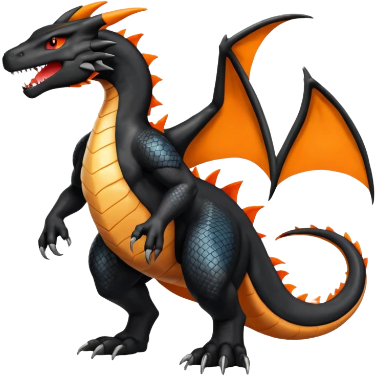 Shiny Black Koraidon-Charizard-Salandit-Fakémon-hybrid-creature (full body) with orange belly emoji