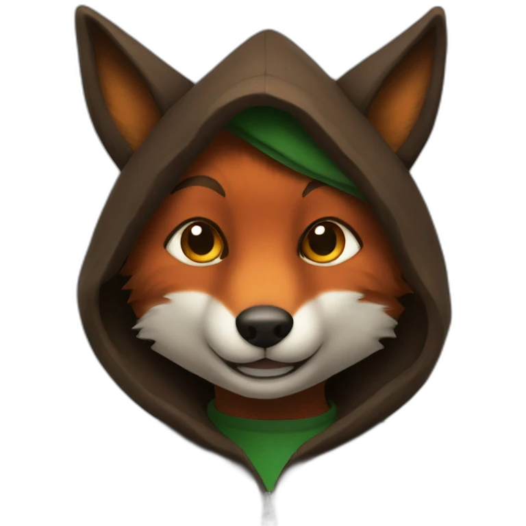 a small dark brown fox with orange eyes with a dark green hood that smile emoji